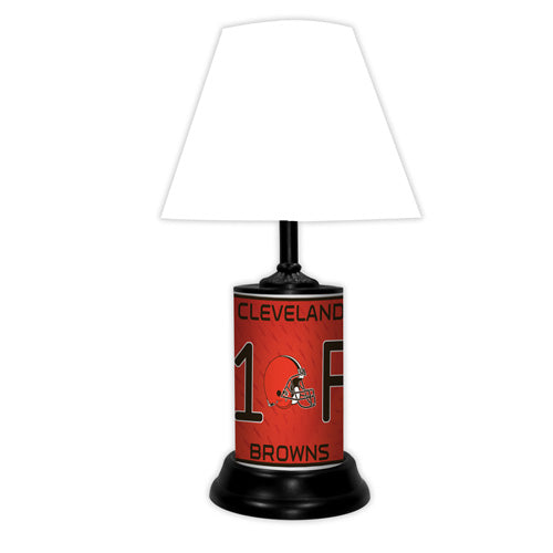 Cleveland Browns tabletop lamp featuring team colors, logo and wording "#1 Fan" with black base and white shade