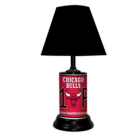 Chicago Bulls tabletop lamp featuring team colors, logo and wording "#1 Fan" with black base and black shade