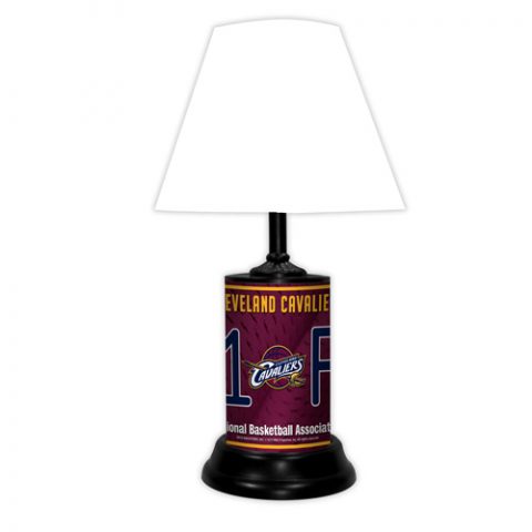 Cleveland Cavaliers tabletop lamp featuring team colors, logo and wording "#1 Fan" with black base and white shade