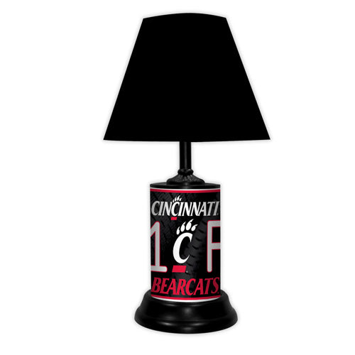 Cincinnati Bearcats tabletop lamp featuring team colors, logo and wording "#1 Fan" with black base and black shade
