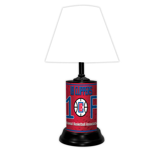 LA Clippers tabletop lamp featuring team colors, logo and wording "#1 Fan" with black base and white shade