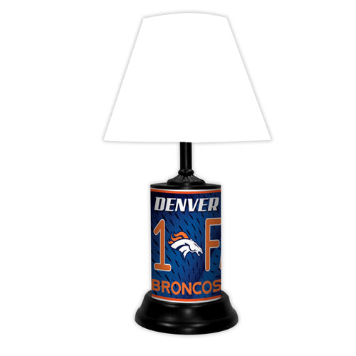 Denver Broncos tabletop lamp featuring team colors, logo and wording "#1 Fan" with black base and white shade