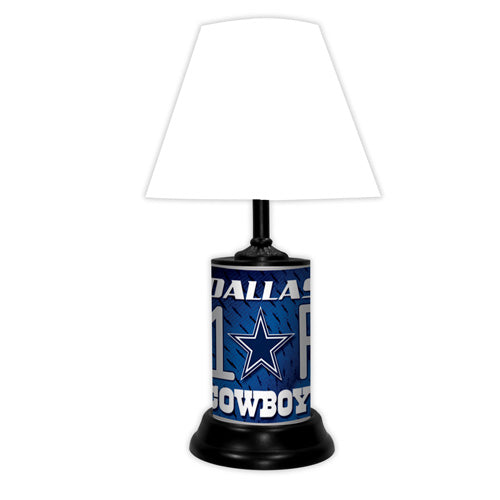 Dallas Cowboys tabletop lamp featuring team colors, logo and wording "#1 Fan" with black base and white shade