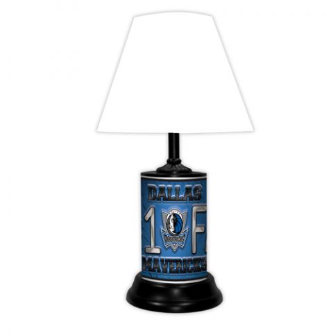 Dallas Mavericks tabletop lamp featuring team colors, logo and wording "#1 Fan" with black base and white shade