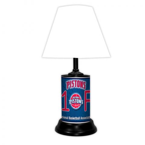 Detroit Pistons tabletop lamp featuring team colors, logo and wording "#1 Fan" with black base and white shade