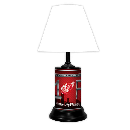 Detroit Red Wings tabletop lamp featuring team colors, logo and wording "#1 Fan" with black base and white shade