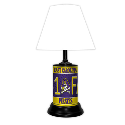 East Carolina Pirates tabletop lamp featuring team colors, logo and wording "#1 Fan" with black base and white shade