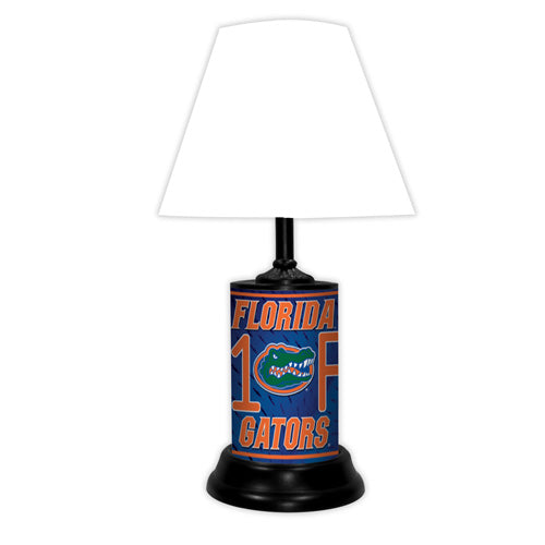Florida Gators tabletop lamp featuring team colors, logo and wording "#1 Fan" with black base and white shade