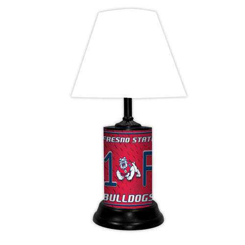 Fresno State Bulldogs tabletop lamp featuring team colors, logo and wording "#1 Fan" with black base and white shade