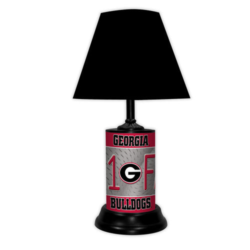 Georgia Bulldogs tabletop lamp featuring team colors, logo and wording "#1 Fan" with black base and black shade