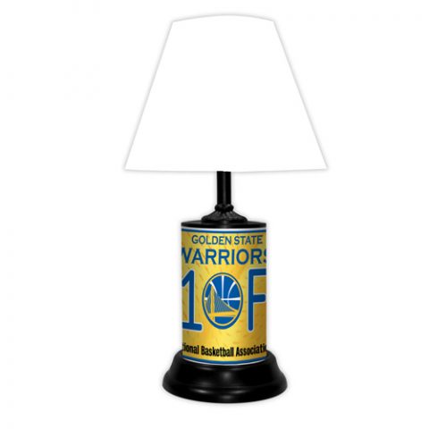 Golden State Warriors tabletop lamp featuring team colors, logo and wording "#1 Fan" with black base and white shade
