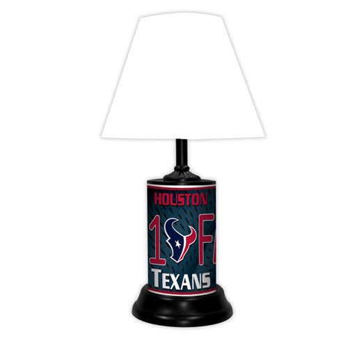 Houston Texans tabletop lamp featuring team colors, logo and wording "#1 Fan" with black base and white shade