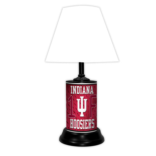 Indiana Hoosiers tabletop lamp featuring team colors, logo and wording "#1 Fan" with black base and white shade