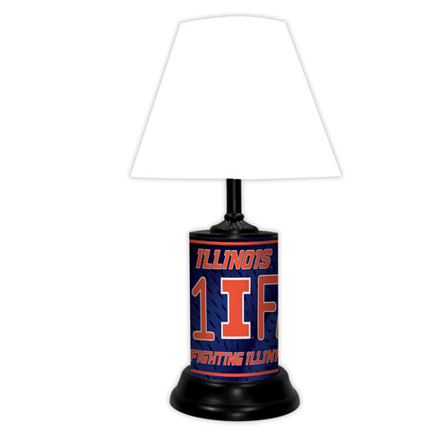 Illinois Fighting Illini tabletop lamp featuring team colors, logo and wording "#1 Fan" with black base and white shade