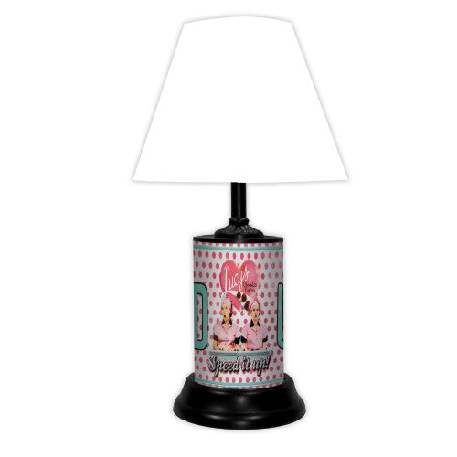 I Love Lucy Speed it Up Table Lamp with black base and white shade.