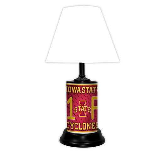 Iowa State Cyclones tabletop lamp featuring team colors, logo and wording "#1 Fan" with black base and white shade