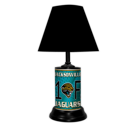 Jacksonville Jaguars tabletop lamp featuring team colors, logo and wording "#1 Fan" with black base and black shade
