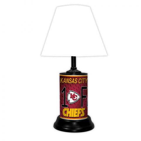 Kansas City Chiefs tabletop lamp featuring team colors, logo and wording "#1 Fan" with black base and white shade