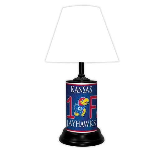 Kansas Jayhawks tabletop lamp featuring team colors, logo and wording "#1 Fan" with black base and white shade