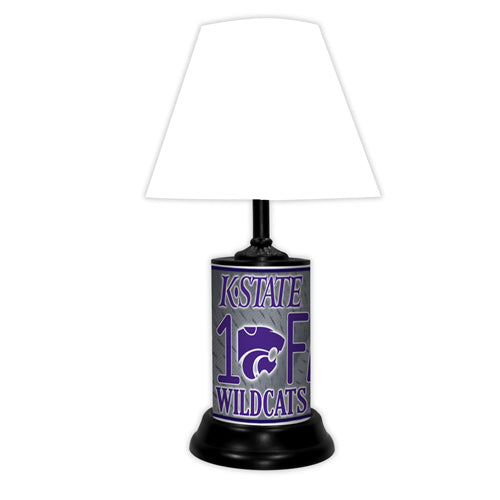 Kansas State Wildcats tabletop lamp featuring team colors, logo and wording "#1 Fan" with black base and white shade