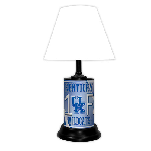 Kentucky Wildcats tabletop lamp featuring team colors, logo and wording "#1 Fan" with black base and white shade