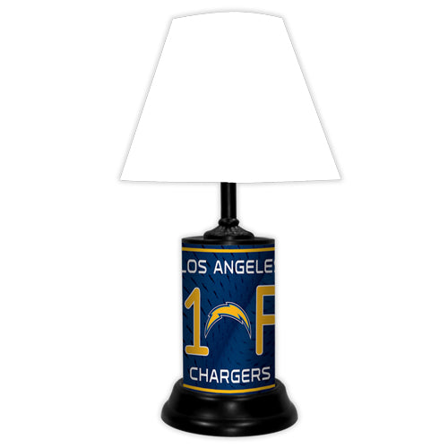 Los Angeles Chargers tabletop lamp featuring team colors, logo and wording "#1 Fan" with black base and white shade
