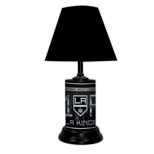 LA Kings tabletop lamp featuring team colors, logo and wording "#1 Fan" with black base and black shade