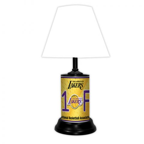 LA Lakers tabletop lamp featuring team colors, logo and wording "#1 Fan" with black base and white shade