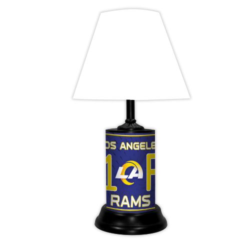 Los Angeles Rams tabletop lamp featuring team colors, logo and wording "#1 Fan" with black base and white shade