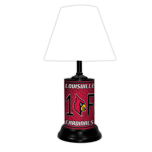 Louisville Cardinals tabletop lamp featuring team colors, logo and wording "#1 Fan" with black base and white shade