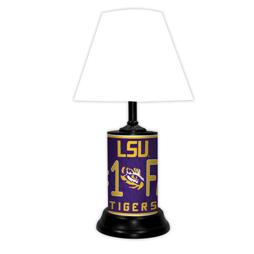LSU Tigers tabletop lamp featuring team colors, logo and wording "#1 Fan" with black base and white shade