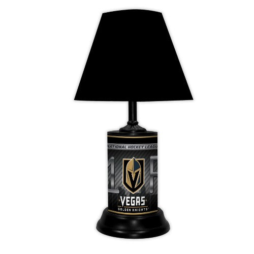 Las Vegas Golden Knights tabletop lamp featuring team colors, logo and wording "#1 Fan" with black base and black shade
