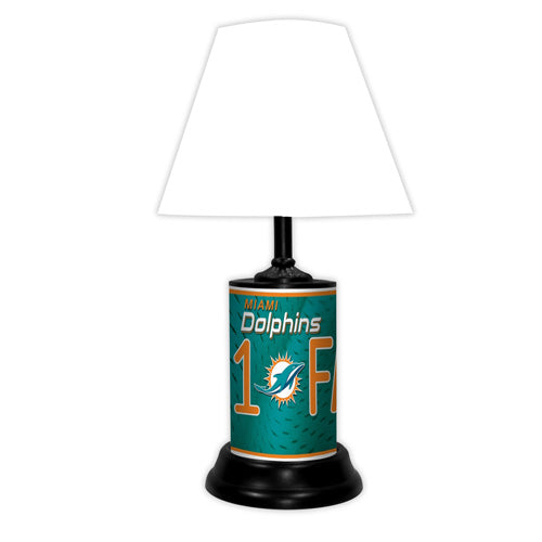 Miami Dolphins tabletop lamp featuring team colors, logo and wording "#1 Fan" with black base and white shade