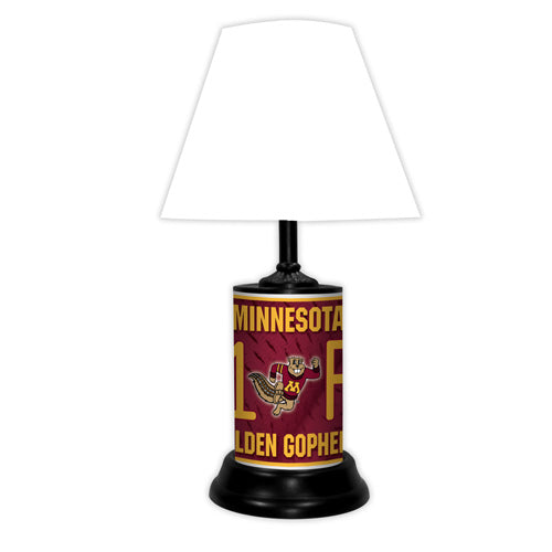 Minnesota Golden Gophers tabletop lamp featuring team colors, logo and wording "#1 Fan" with black base and white shade