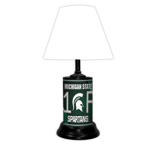 Michigan State Spartans tabletop lamp featuring team colors, logo and wording "#1 Fan" with black base and white shade