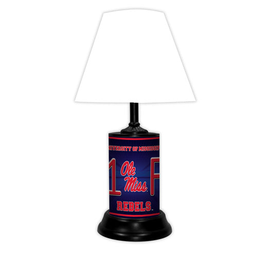 Mississippi "Ole Miss" Rebels tabletop lamp featuring team colors, logo and wording "#1 Fan" with black base and white shade