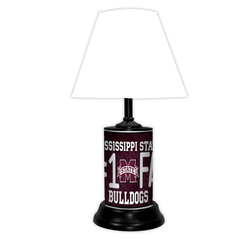 Mississippi State Bulldogs tabletop lamp featuring team colors, logo and wording "#1 Fan" with black base and white shade