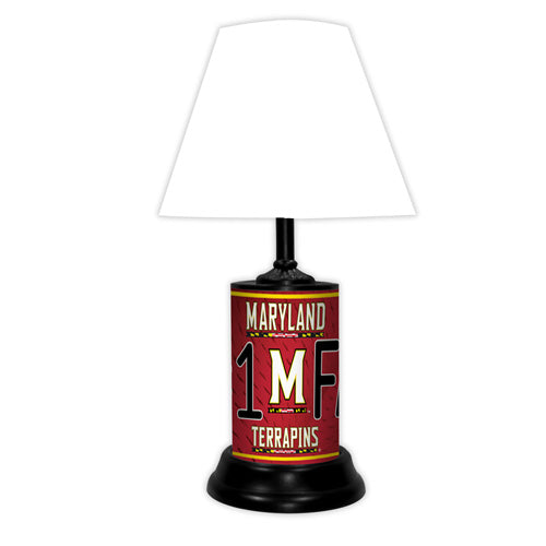 Maryland Terrapins tabletop lamp featuring team colors, logo and wording "#1 Fan" with black base and white shade