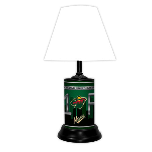 Minnesota Wild tabletop lamp featuring team colors, logo and wording "#1 Fan" with black base and white shade
