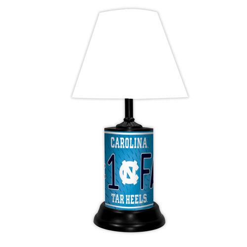 Carolina Tarheels tabletop lamp featuring team colors, logo and wording "#1 Fan" with black base and white shade