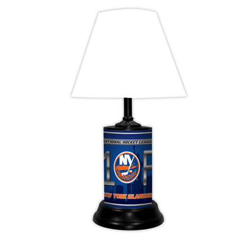 New York Islanders tabletop lamp featuring team colors, logo and wording "#1 Fan" with black base and white shade