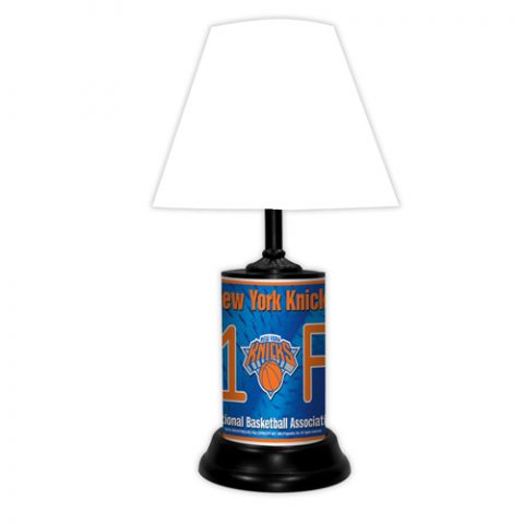 New York Knicks  tabletop lamp featuring team colors, logo and wording "#1 Fan" with black base and white shade