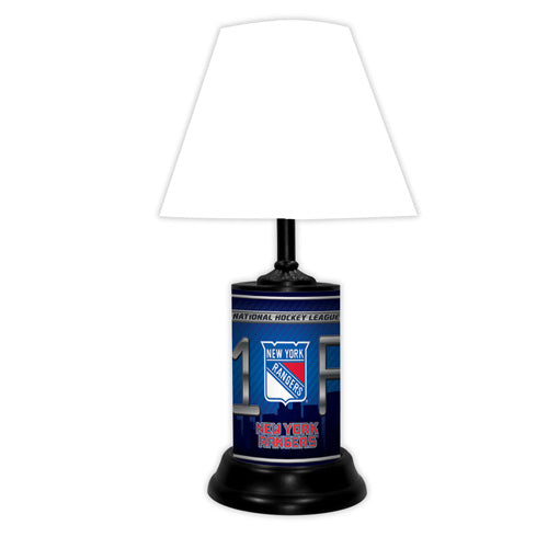 New York Rangers tabletop lamp featuring team colors, logo and wording "#1 Fan" with black base and white shade