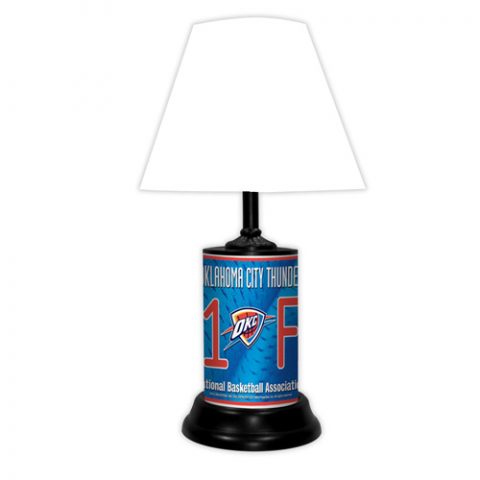 Oklahoma City Thunder tabletop lamp featuring team colors, logo and wording "#1 Fan" with black base and white shade