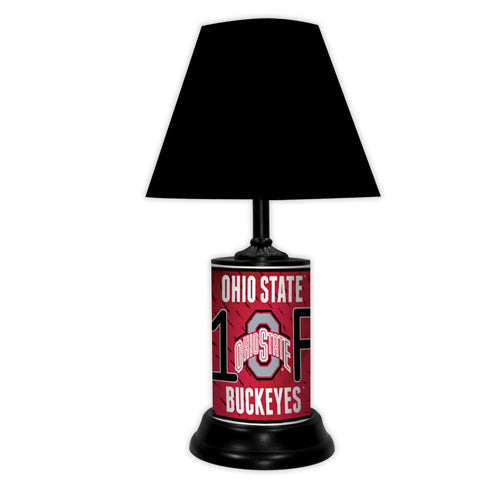 Ohio State Buckeyes tabletop lamp featuring team colors, logo and wording "#1 Fan" with black base and black shade