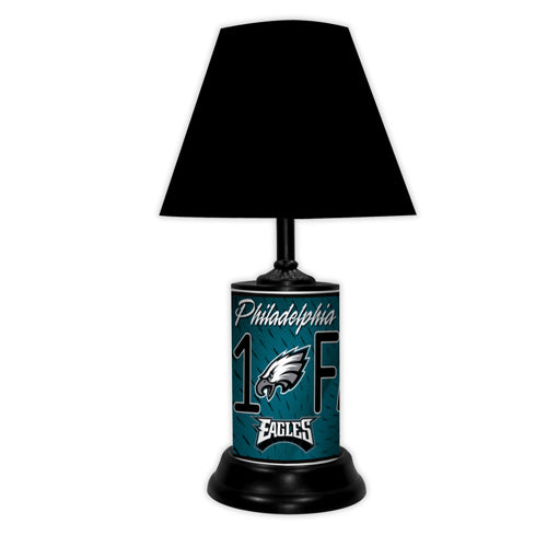 Philadelphia Eagles tabletop lamp featuring team colors, logo and wording "#1 Fan" with black base and black shade