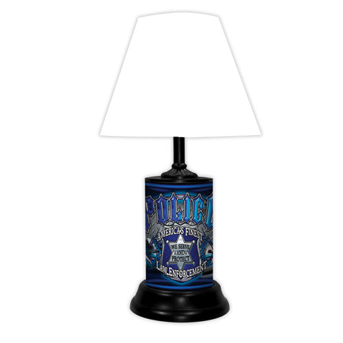 Police themed lamp with words "Americas Finest" Law Enforcement, and "We Serve and Protect" with black base with white shade