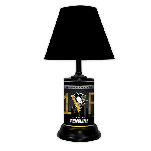 Philadelphia Flyers tabletop lamp featuring team colors, logo and wording "#1 Fan" with black base and black shade