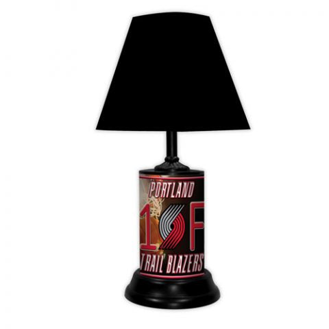 Portland Trail Blazers tabletop lamp featuring team colors, logo and wording "#1 Fan" with black base and black shade