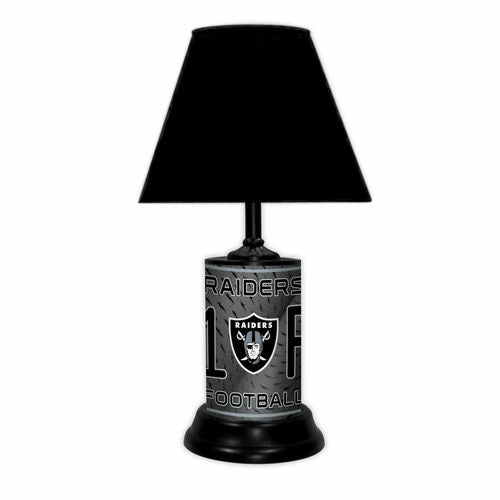 Las Vegas Raiders tabletop lamp featuring team colors, logo and wording "#1 Fan" with black base and black shade